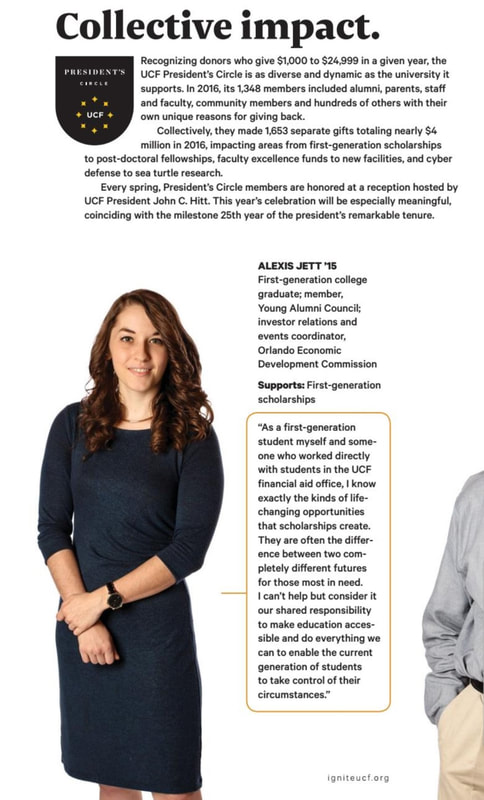 Alexis Jett featured in a university alumni publication talking about the importance of first-generation college students.